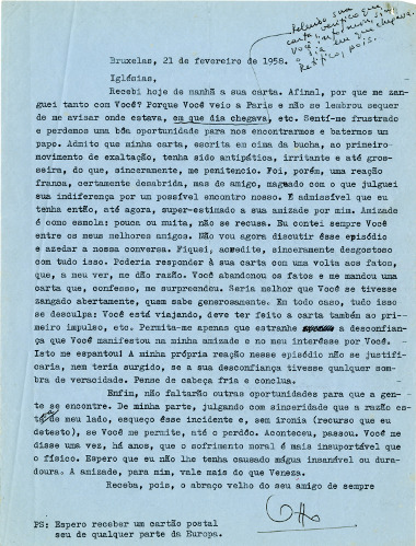 Otto Lara Resende a Francisco Iglésias, 21/2/1958