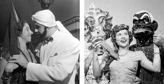 à esquerda: Carlos Moskovics/ Acervo Instituto Moreira Salles - Baile de carnaval, c. 1950; à direita: José Medeiros/ Acervo Instituto Moreira Salles - Ensaio em estúdio fotográfico, década de 1950